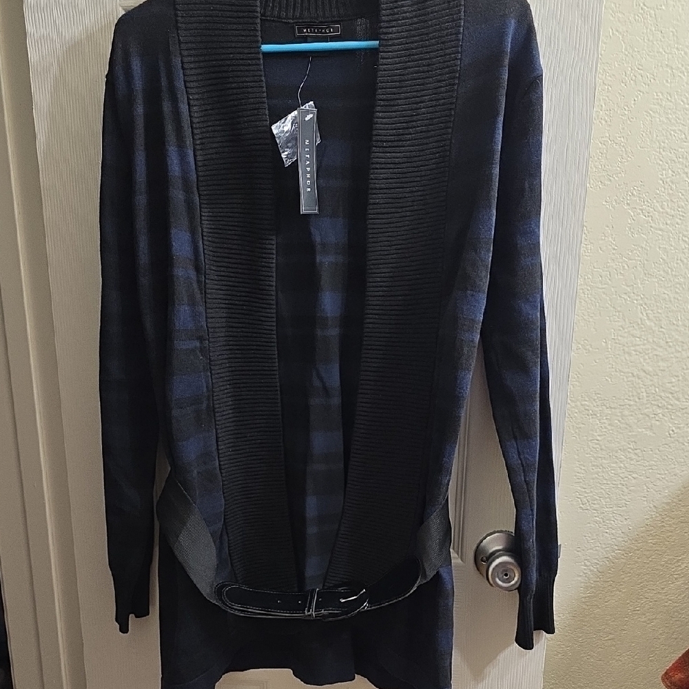 Metaphor Black and Blue Cardigan Sweater with Open Front & Belt Size XL